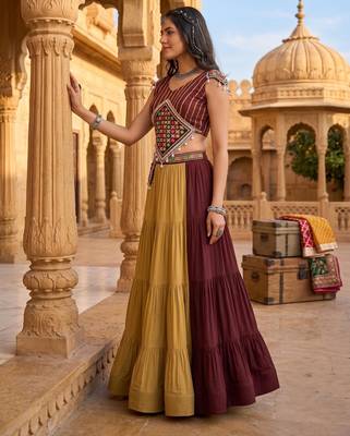 brown beige frilled rayon cotton lehenga with gamthi mirror kaudi work blouse & purse - full stitched free size 4
