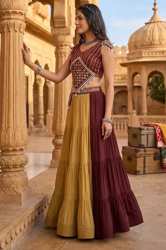 brown beige frilled rayon cotton lehenga with gamthi mirror kaudi work blouse & purse - full stitched free size