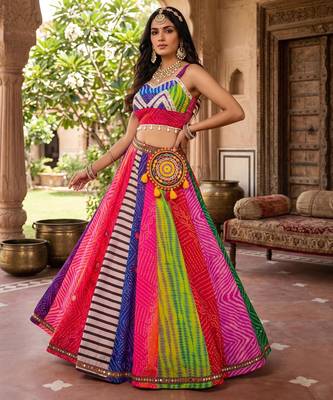 multicolor printed faux gorgette designer lehenga set with stitched blouse - full stitched free size 1