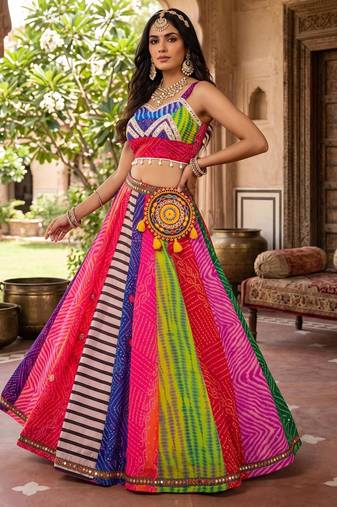 multicolor printed faux gorgette designer lehenga set with stitched blouse - full stitched free size