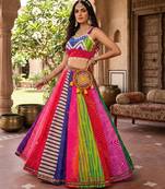 multicolor printed faux gorgette designer lehenga set with stitched blouse - full stitched free size