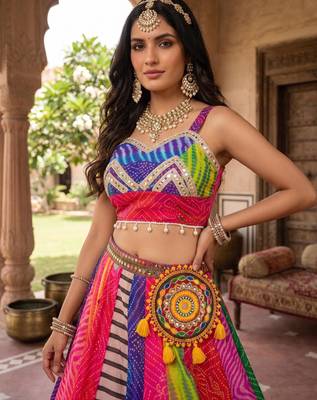 multicolor printed faux gorgette designer lehenga set with stitched blouse - full stitched free size 2