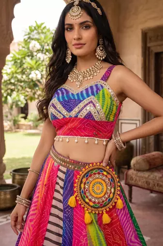 multicolor printed faux gorgette designer lehenga set with stitched blouse - full stitched free size