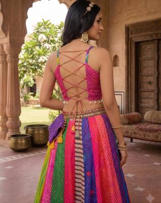 multicolor printed faux gorgette designer lehenga set with stitched blouse - full stitched free size 3