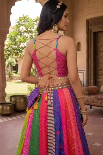 multicolor printed faux gorgette designer lehenga set with stitched blouse - full stitched free size