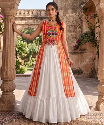 navratri special kesari orange long jacket chaniya choli set - full stitched free size 1