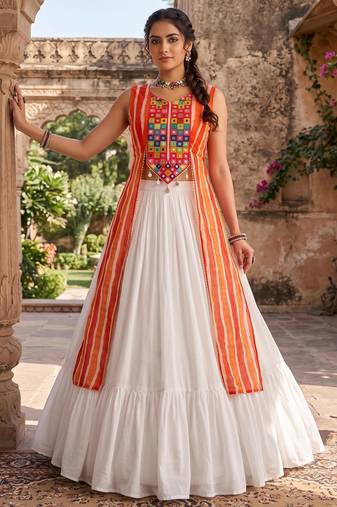 navratri special kesari orange long jacket chaniya choli set - full stitched free size