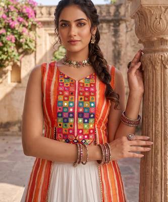 navratri special kesari orange long jacket chaniya choli set - full stitched free size 2