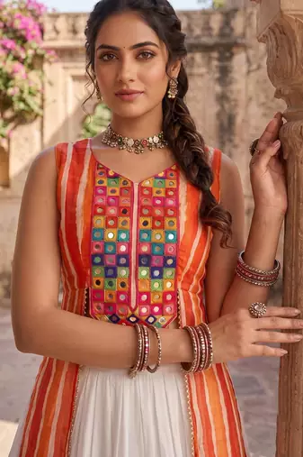 navratri special kesari orange long jacket chaniya choli set - full stitched free size