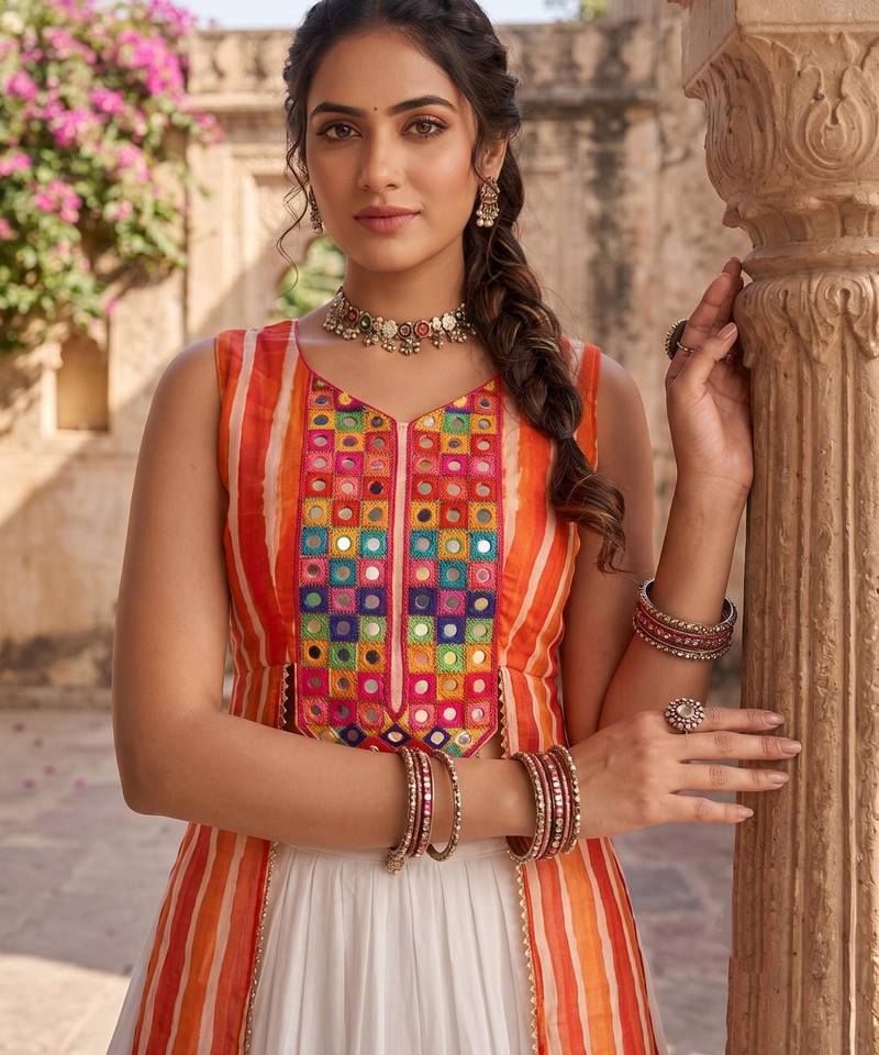 navratri special kesari orange long jacket chaniya choli set - full stitched free size