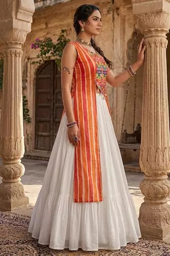 navratri special kesari orange long jacket chaniya choli set - full stitched free size