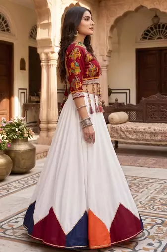 multicolor triangle kali rayon cotton traditional work lehenga set with blouse - full stitched free size