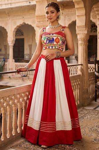 multicolor gota patti kali rayon cotton lehenga set with bandhani foil gamthi work blouse - full stitched free size