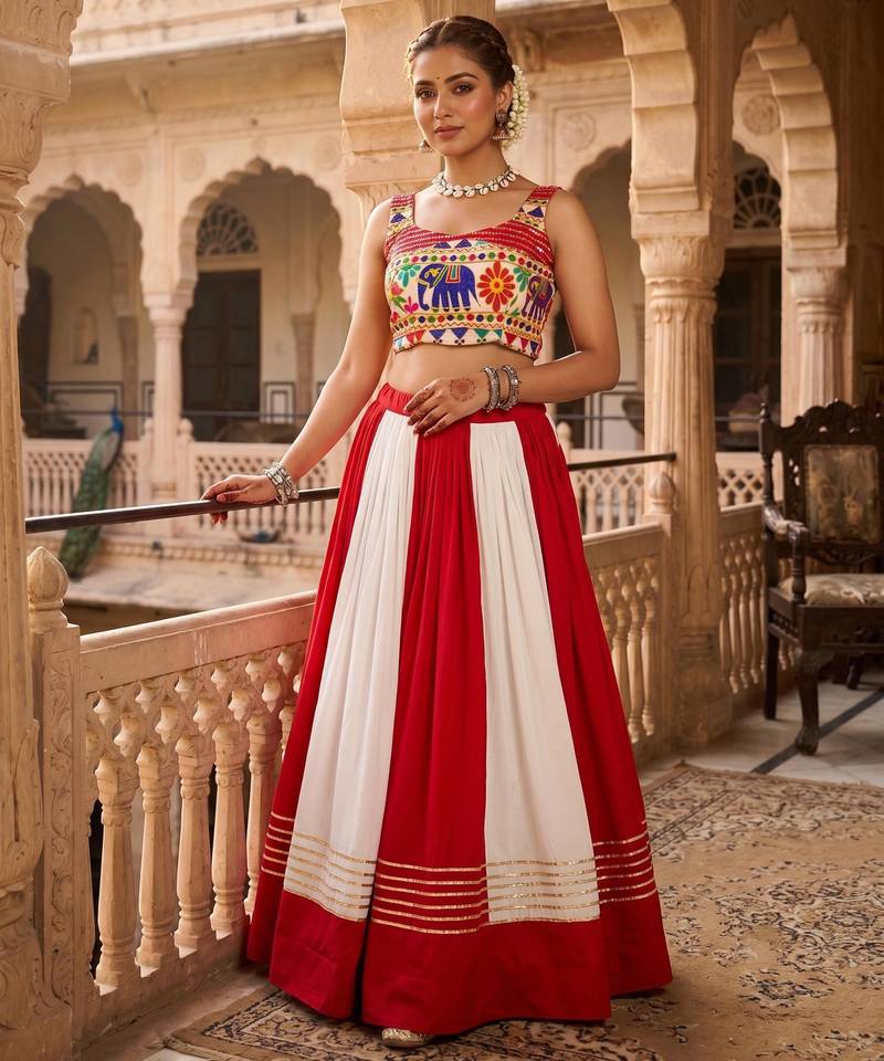 multicolor gota patti kali rayon cotton lehenga set with bandhani foil gamthi work blouse - full stitched free size
