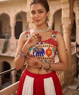multicolor gota patti kali rayon cotton lehenga set with bandhani foil gamthi work blouse - full stitched free size 2