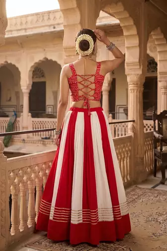 multicolor gota patti kali rayon cotton lehenga set with bandhani foil gamthi work blouse - full stitched free size