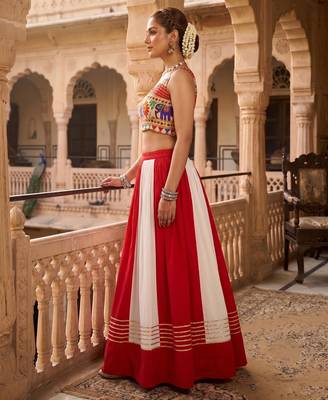multicolor gota patti kali rayon cotton lehenga set with bandhani foil gamthi work blouse - full stitched free size 4