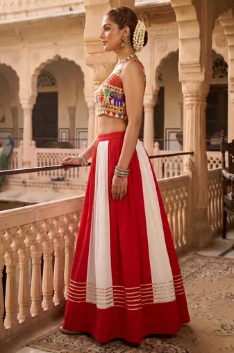 multicolor gota patti kali rayon cotton lehenga set with bandhani foil gamthi work blouse - full stitched free size