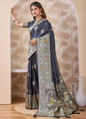 Charcoal grey zari & thread work satin designer saree for women with blouse 1