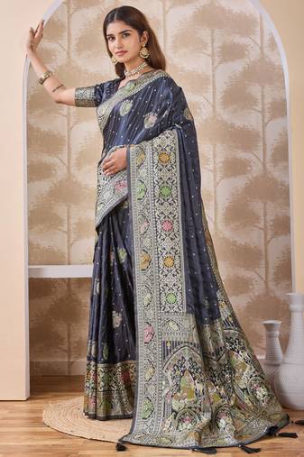 Charcoal grey zari & thread work satin designer saree for women with blouse