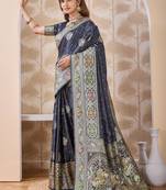 Charcoal grey zari & thread work satin designer saree for women with blouse