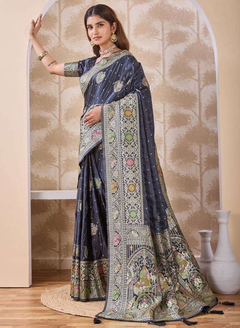 Charcoal grey zari & thread work satin designer saree for women with blouse