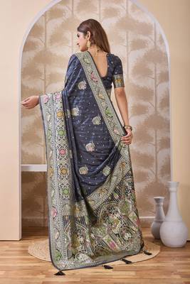 Charcoal grey zari & thread work satin designer saree for women with blouse 2