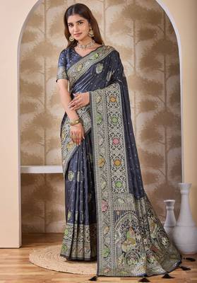 Charcoal grey zari & thread work satin designer saree for women with blouse 3