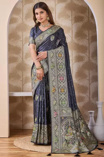 Charcoal grey zari & thread work satin designer saree for women with blouse