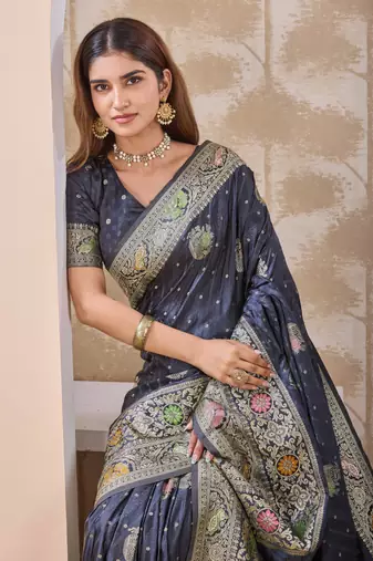 Charcoal grey zari & thread work satin designer saree for women with blouse