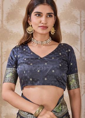 Charcoal grey zari & thread work satin designer saree for women with blouse 5