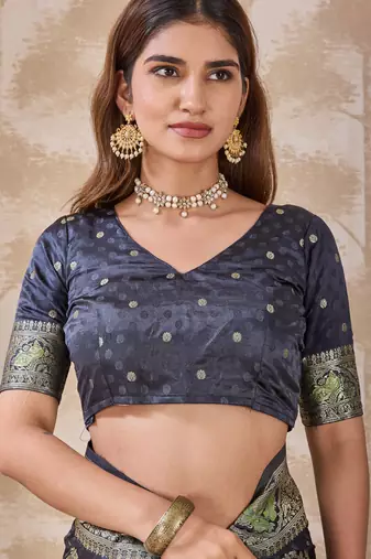 Charcoal grey zari & thread work satin designer saree for women with blouse