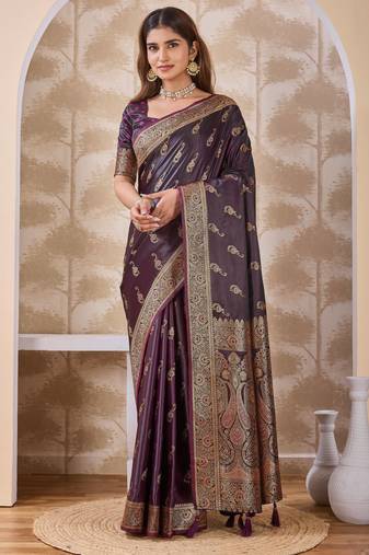 Dark purple zari & tassel work satin designer saree for women with blouse