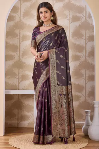 Dark purple zari & tassel work satin designer saree for women with blouse