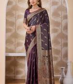 Dark purple zari & tassel work satin designer saree for women with blouse