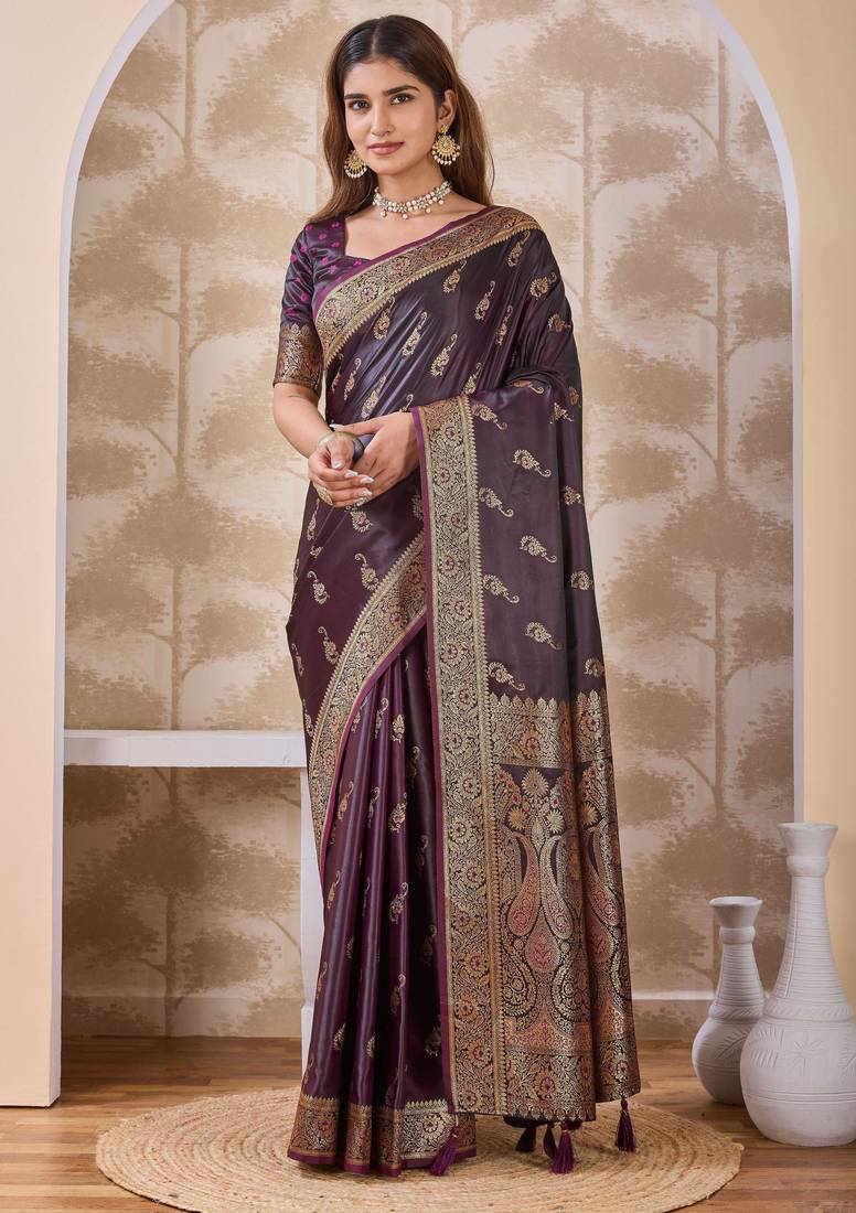 Dark purple zari & tassel work satin designer saree for women with blouse