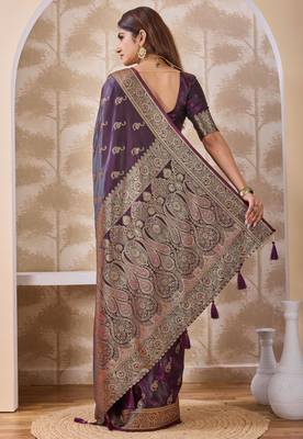 Dark purple zari & tassel work satin designer saree for women with blouse 2