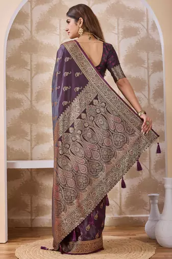 Dark purple zari & tassel work satin designer saree for women with blouse