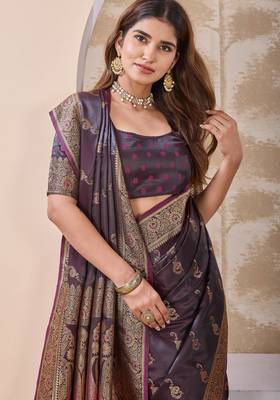 Dark purple zari & tassel work satin designer saree for women with blouse 3