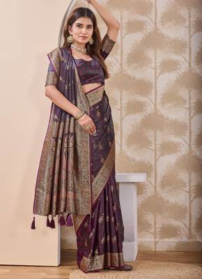 Dark purple zari & tassel work satin designer saree for women with blouse 4