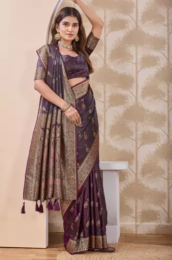 Dark purple zari & tassel work satin designer saree for women with blouse