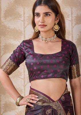 Dark purple zari & tassel work satin designer saree for women with blouse 5
