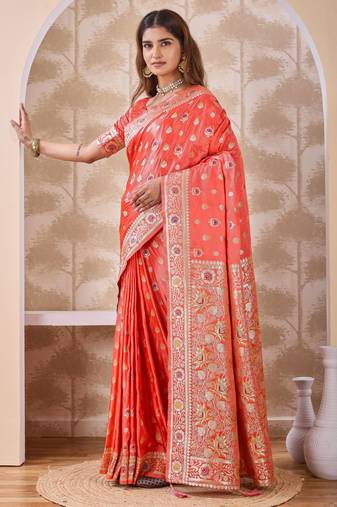 Coral zari & thread work satin designer saree for women with blouse