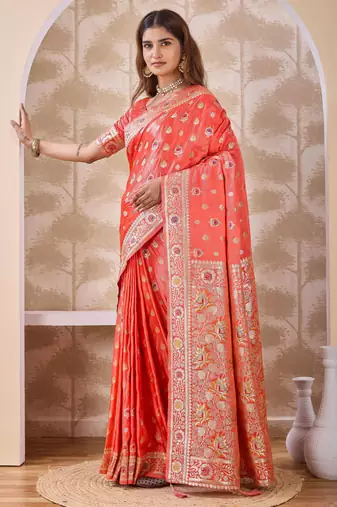 Coral zari & thread work satin designer saree for women with blouse