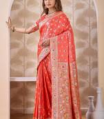 Coral zari & thread work satin designer saree for women with blouse