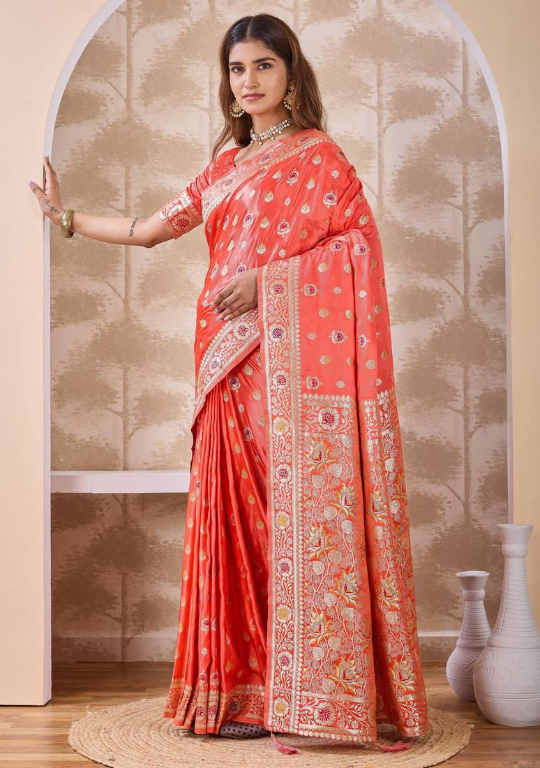 Coral zari & thread work satin designer saree for women with blouse