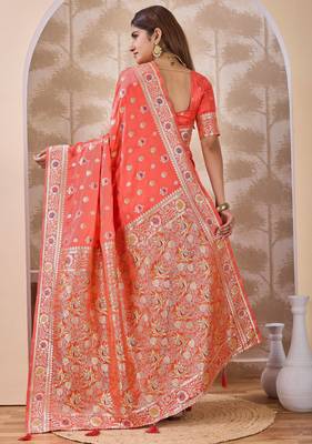 Coral zari & thread work satin designer saree for women with blouse 2