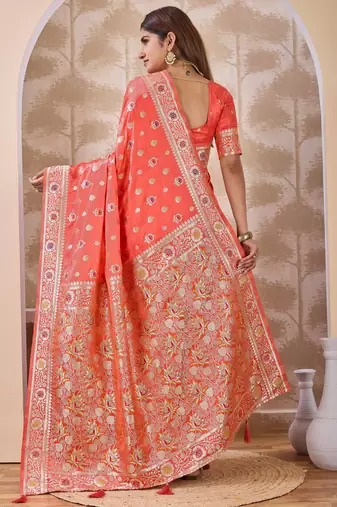 Coral zari & thread work satin designer saree for women with blouse