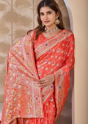 Coral zari & thread work satin designer saree for women with blouse 3
