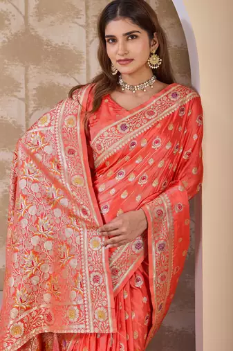 Coral zari & thread work satin designer saree for women with blouse